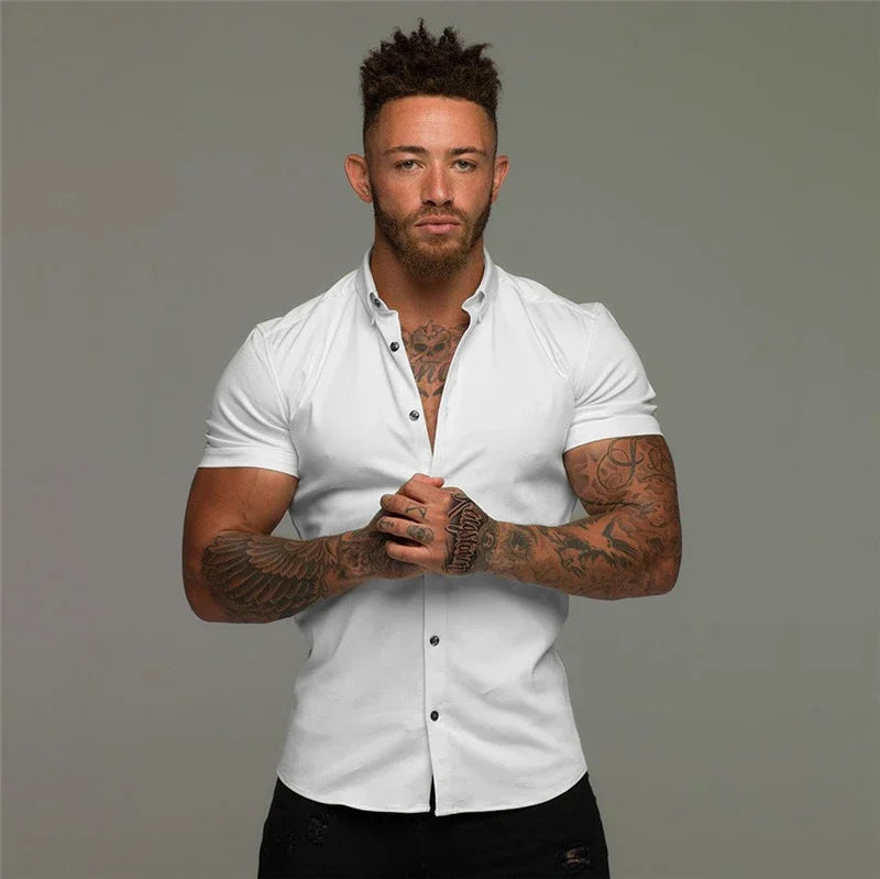 Ali Men's Fashion Dress Shirt Summer Classic Slim Fit Button Short Sleeve Shirts For Men Casual Business Male Hipster Social Shirt