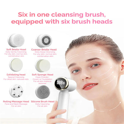 Ali Face & Body Tools 6 In 1 Ultrasonic Electric Facial Cleansing Brush Auto Rotating Waterproof Face Exfoliator Pore Cleaner Blackhead Removal 2022