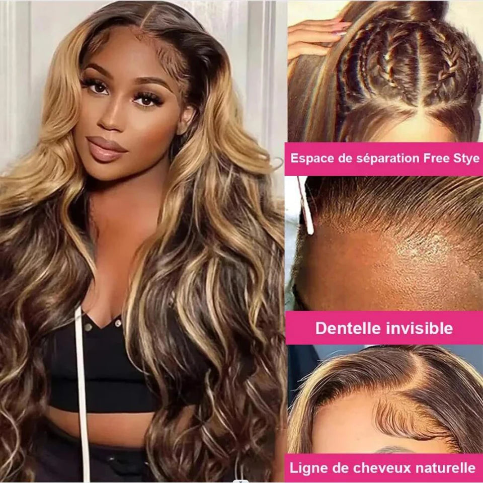 Ali Highlight 13x4 HD Lace Front Body Wig Human Hair Brazilian Human Hair P4/27 Color Wigs For Women Full Body Wave Lace Frontal Wig