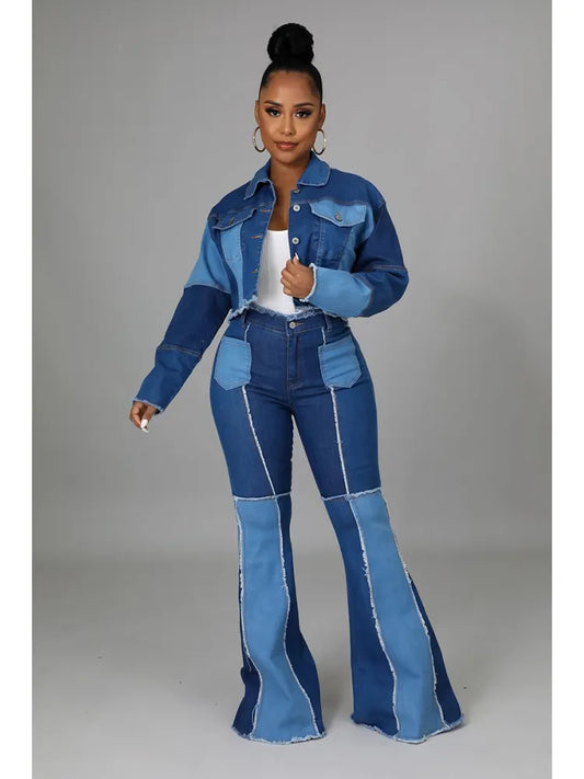 Ali Women Fashion Denim Two Piece Pant Set Splice Vintage Streetwear Y2K Short Denim Jacket and Jeans Casual Slim Outfit 2 Piece Set