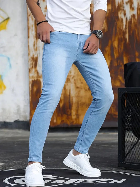 Ali Man Pants Retro Washing Zipper Stretch Jeans Casual Slim Fit Trousers Male Plus Size Pencil Pants Denim Skinny Jeans for Men