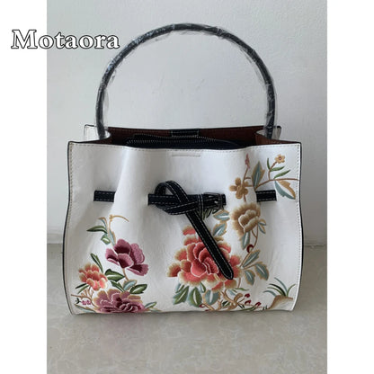 Ali MOTAORA New Vintage Big Capacity Shoulder Bag Women Chinese Style Embroidery Handbag Luxury Leather Bucket Crossbody Bags Ladies