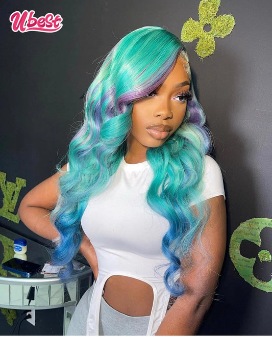 Ali Ali Body Wave Lake Blue Color Peruvian Human Hair Side Part Lace Front Middle Part Wig Pre Plucked Wig For 613 Women hair180 Density