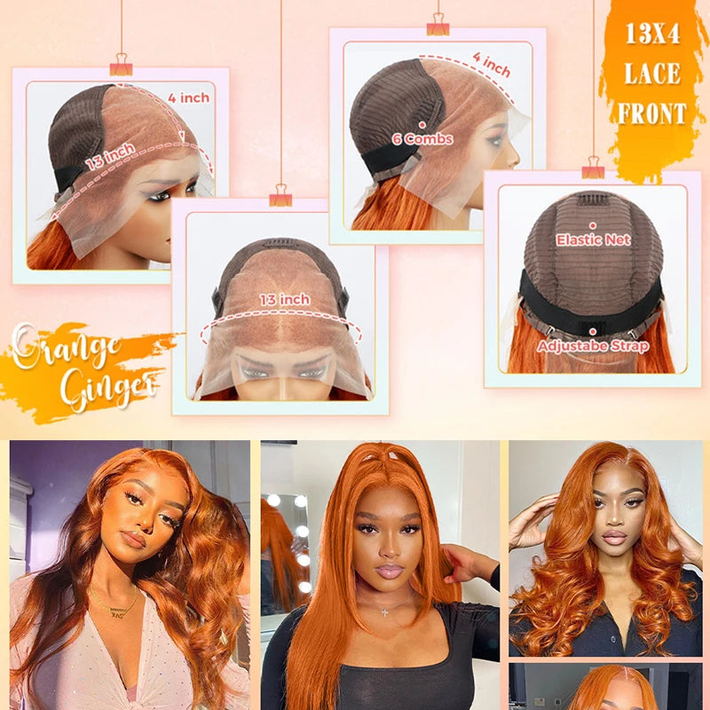 Ali Ginger Orange 13x6 HD Lace Front Wigs Human Hair Bone Body Wave 13x4 Human Hair Lace Frontal Wigs Transparent Lace Wig For Women