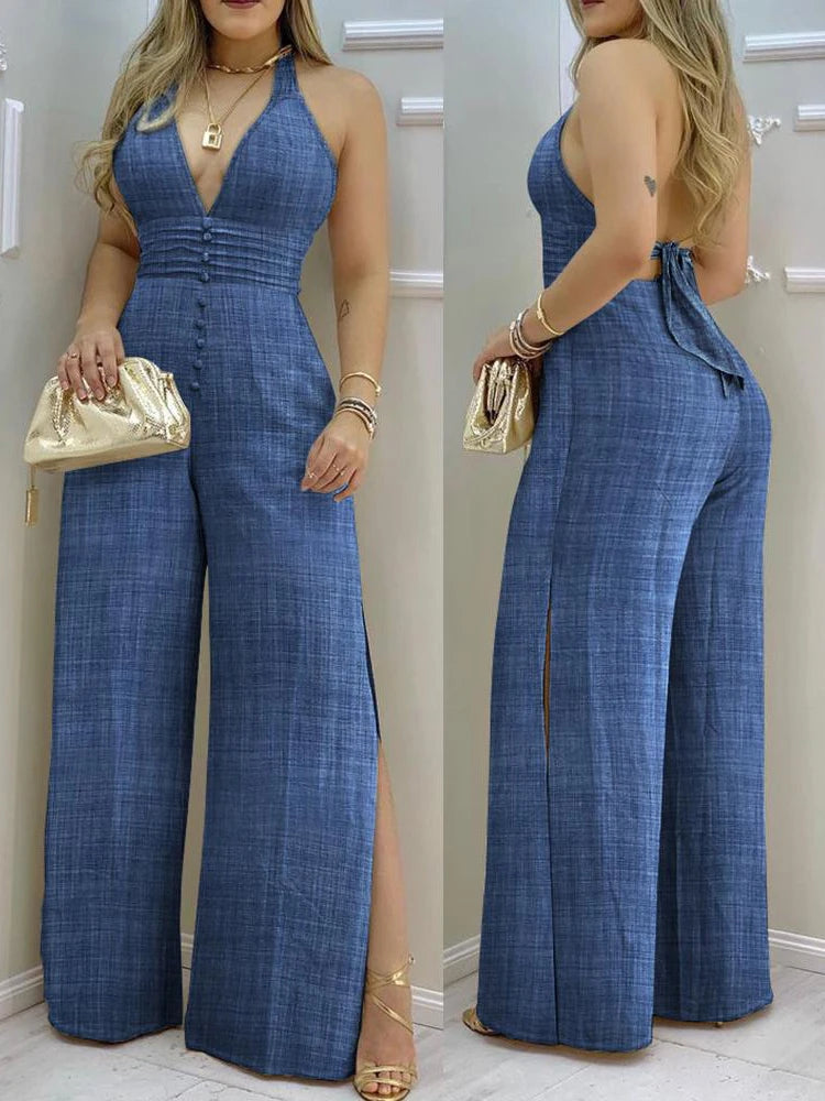 Ali Split Hem Halter Backless Jumpsuit