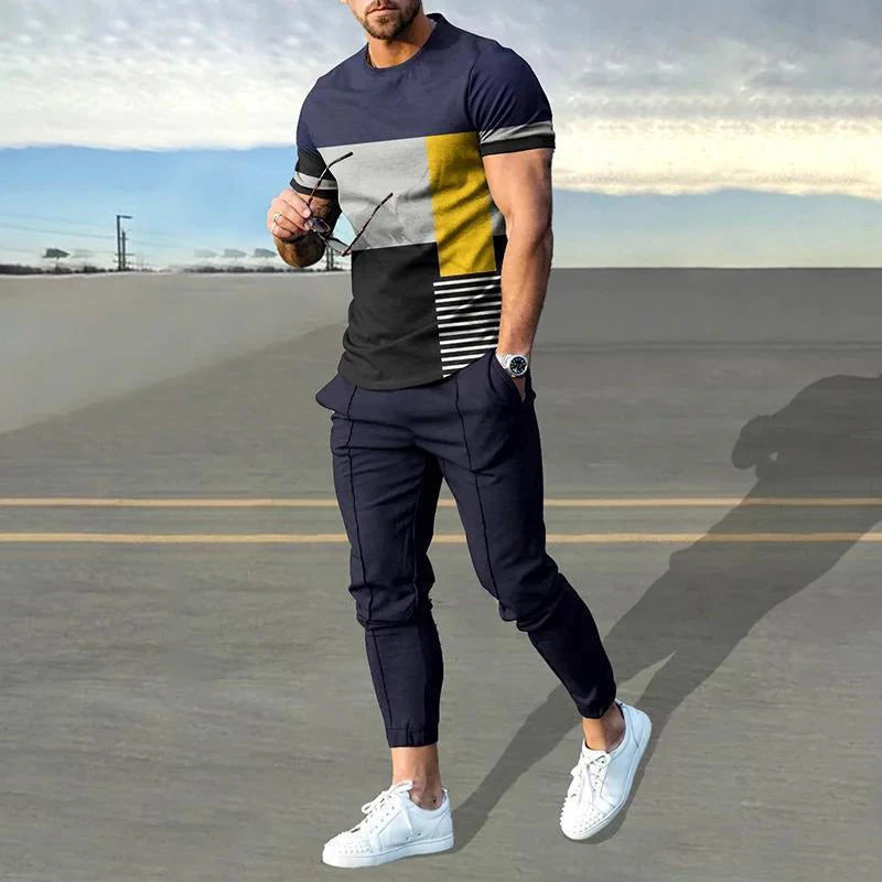 Ali Summer New O Neck Harajuku Y2K Printing Tee Casual Fashion Pants Set Hombre Perspective Patchwork T-shirt Top Sporty Trousers