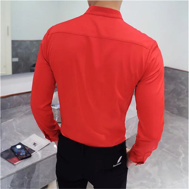 Ali 2023 Spring 3 Color Stand Collar Shirt High Quality Men Long Sleeve Slim Fit Casual Shirt Black White Red Business Dress Shirts