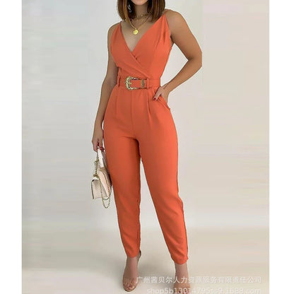 Ali Women's Jumpsuits Summer Fashion Solid Slim High Waist Pocket Jumpsuits Women Jumpsuits Women Sexy V-neck Spaghetti Strap Bandage Pencil Jumpsuits