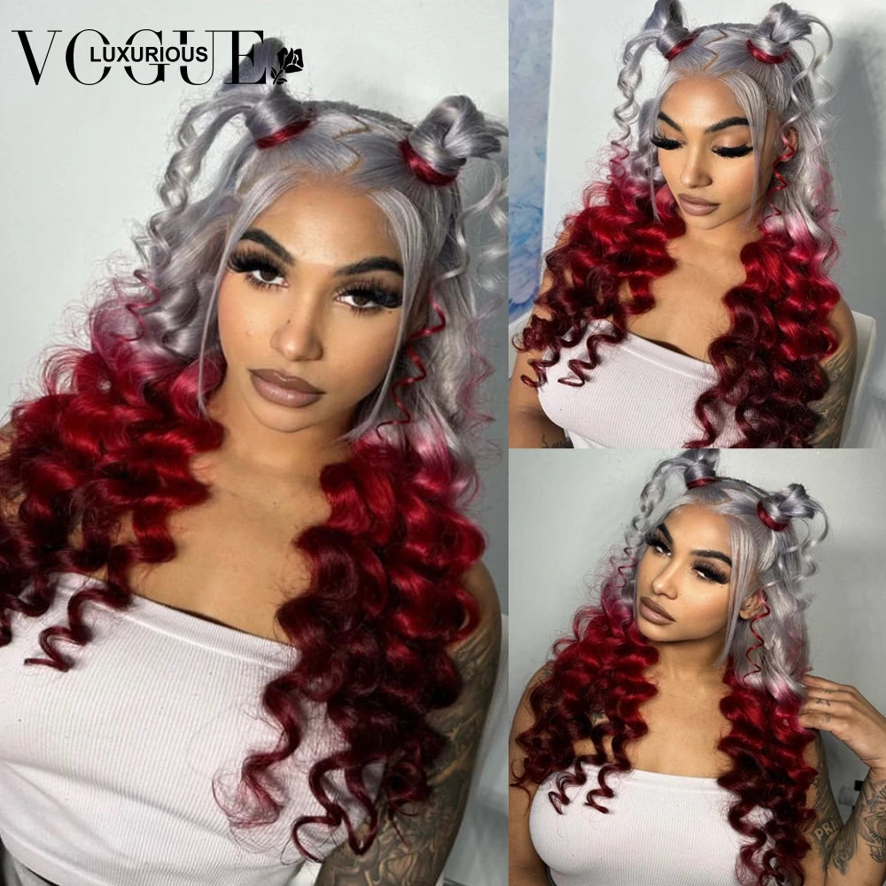 Ali Ombre Silver Grey Lace Front Wig Preplucked Red 4x4 Closure Glueless Wigs Ready to Wear Brazilian Virgin Human Hair Loose Deep