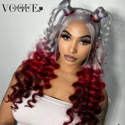 Ali Ombre Silver Grey Lace Front Wig Preplucked Red 4x4 Closure Glueless Wigs Ready to Wear Brazilian Virgin Human Hair Loose Deep