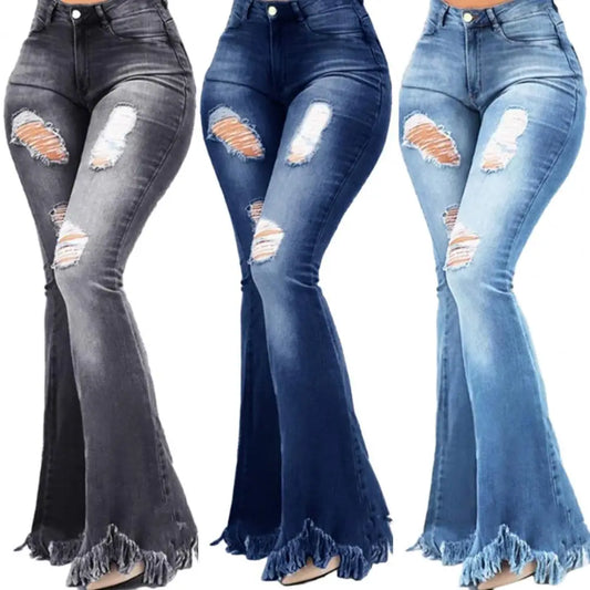Ali Denim Flared Jeans Women Pants High Waist Zipper Button Fly Ripped Holes Tassel Cuffs Autumn Winter Jeans