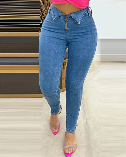 Ali 2023 New Zipper Design High Waist Skinny Jeans Women Spring Summer Solid Color Fashion Casual Ankle Length Denim Pants Jeans