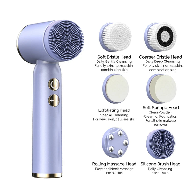 Ali Face & Body Tools 6 In 1 Ultrasonic Electric Facial Cleansing Brush Auto Rotating Waterproof Face Exfoliator Pore Cleaner Blackhead Removal 2022