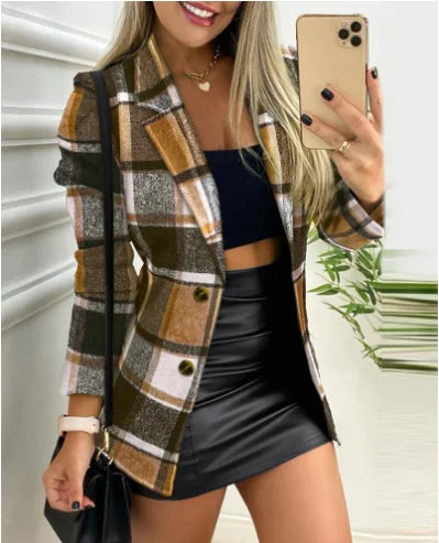 Ali Plaid Print Button Front Long Sleeve Coat Casual Work Office Jacket Office Lady Outfits Autumn and Winter Women's Fashion Coat