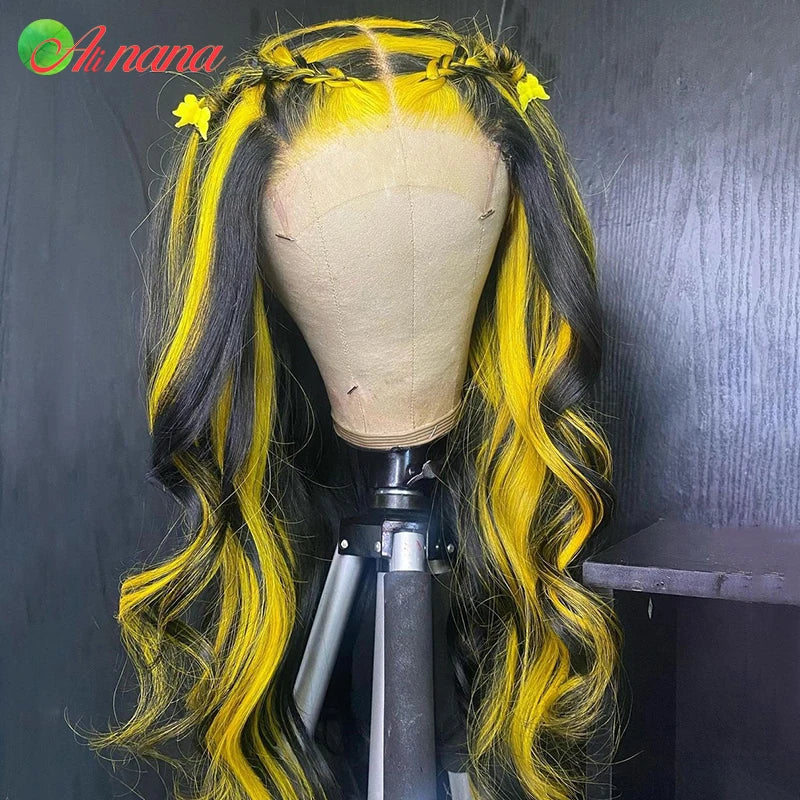 Ali Highlights Yellow Colored HD 13x6 Lace Frontal Wig Body Wave Pre-Plucked Baby Hair Straight 100% Human Hair Wig For Black Women