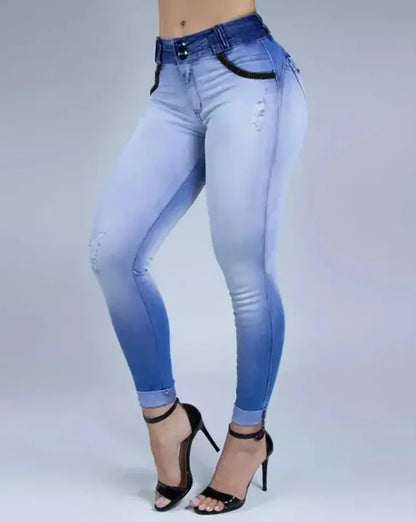 Ali Jeans Woman High Waist 2022 Summer Trend Denim Zip Fly Ombre Ripped Skinny Pocket Button Daily Long Jeans