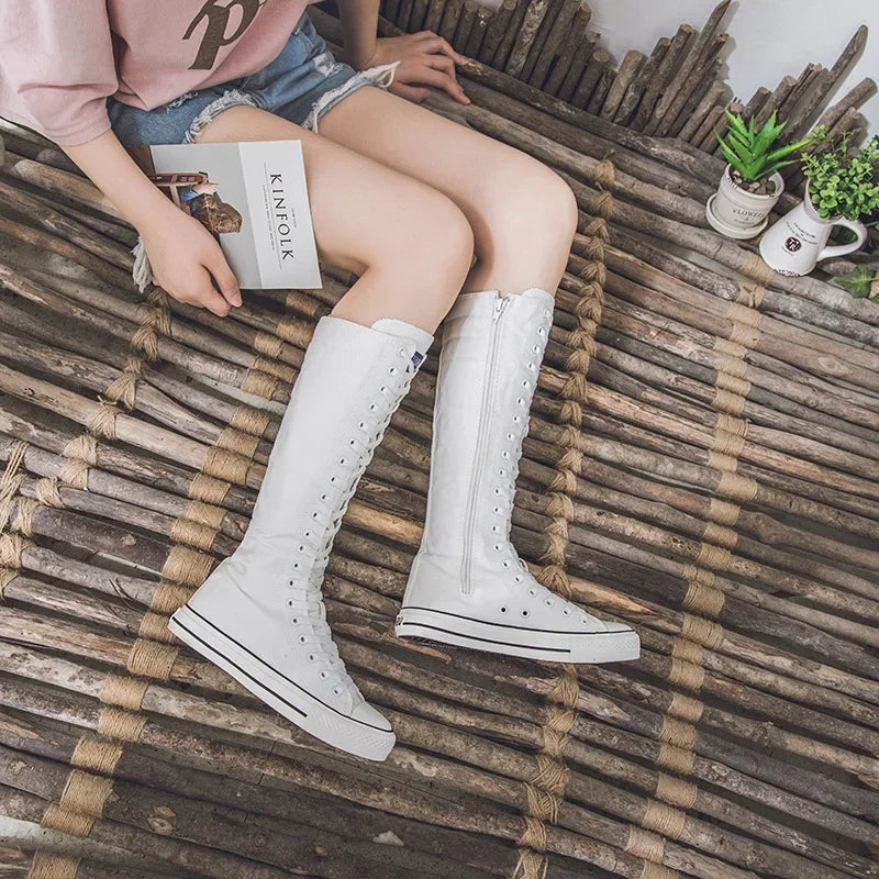Ali 2017 New Fashion 3Colors Women's Canvas Boots Lace Zipper Knee High Boots Boots Flat Shoes Casual High Help Punk Shoes Girls