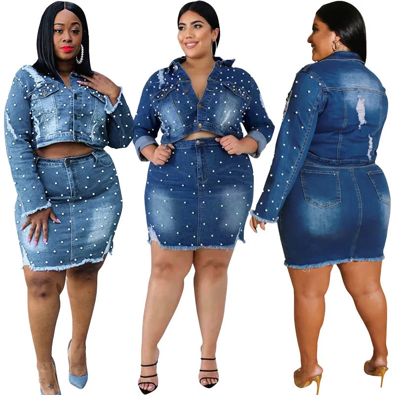 Ali Women's Two-piece Outfits Plus Size Sets Casual Denim Women Two Piece Set Lapel Button Up Jacket and Mini Skirts Holed Sexy Street Cowboy Outfit Wholesale