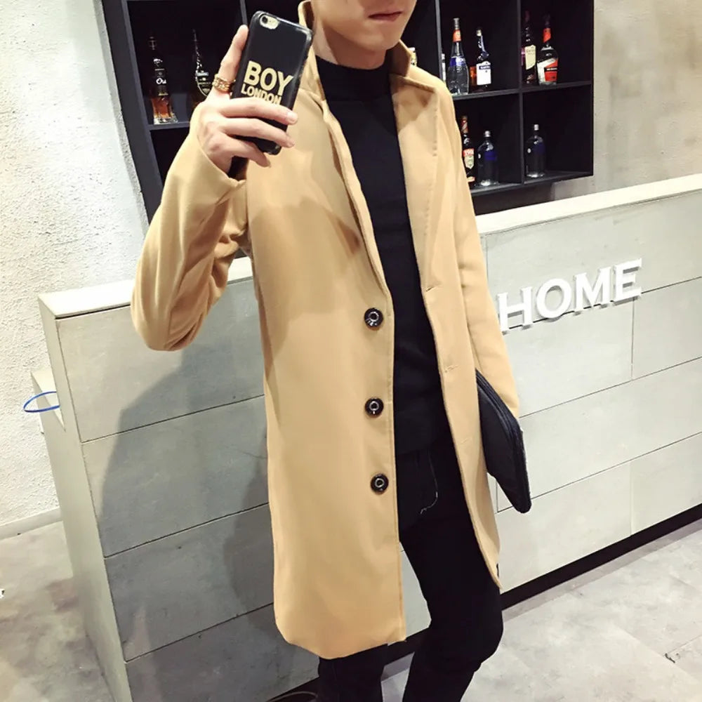 Ali Men's Coat Autumn and Winter New Casual Long Windbreaker Jacket / Male Solid Color Single Breasted Trench Coat Jacket