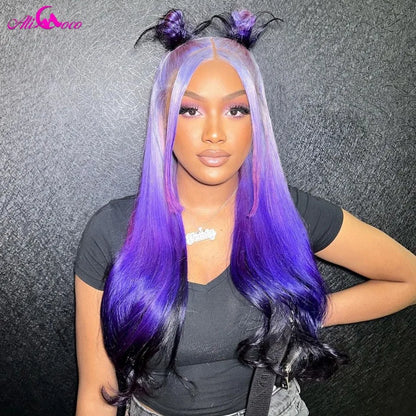 Ali 13x4 Transparent Ombre Purple Lace Front Wig Colored Straight 13*6 HD Lace Frontal Human Hair Wigs For Women Pre Plucked