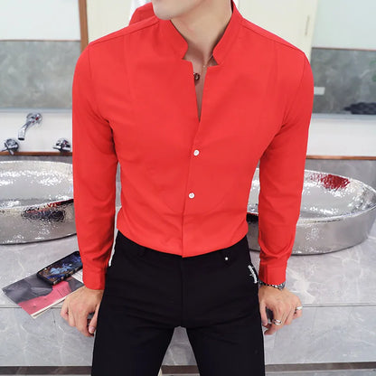 Ali 2023 Spring 3 Color Stand Collar Shirt High Quality Men Long Sleeve Slim Fit Casual Shirt Black White Red Business Dress Shirts