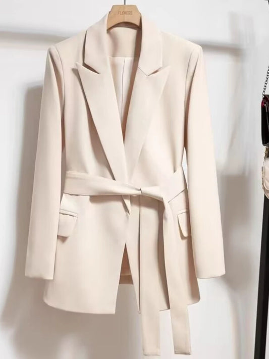 Ali Women's Blazers Spring Autumn Suit Coat Beige Tie Up Jacket Slim Fit Stylish Top Outerwear Office Lady Blazer for Women Clothing