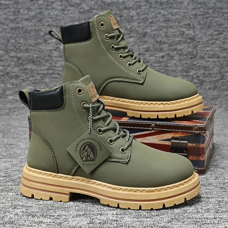 Ali High Top Men Boots Fashion Motorcycle Ankle Boots for Men New Hot Green Male Hiking Boot Winter Lace-Up Men's Shoes Botas Hombre