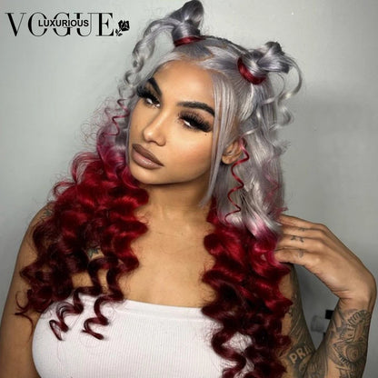 Ali Ombre Silver Grey Lace Front Wig Preplucked Red 4x4 Closure Glueless Wigs Ready to Wear Brazilian Virgin Human Hair Loose Deep