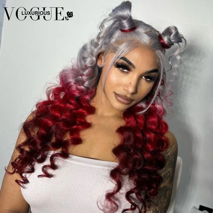 Ali Ombre Silver Grey Lace Front Wig Preplucked Red 4x4 Closure Glueless Wigs Ready to Wear Brazilian Virgin Human Hair Loose Deep