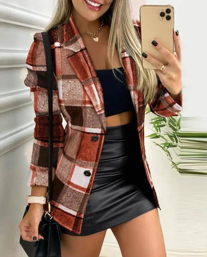 Ali Plaid Print Button Front Long Sleeve Coat Casual Work Office Jacket Office Lady Outfits Autumn and Winter Women's Fashion Coat