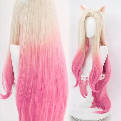 Ali Synthetic Hair LoL KDA Baddest Ahri Cosplay Wig 100cm Long Blonde Pink Wavy with Ear Hairpin Synthetic Hair Role Play Halloween Party + Wig Cap