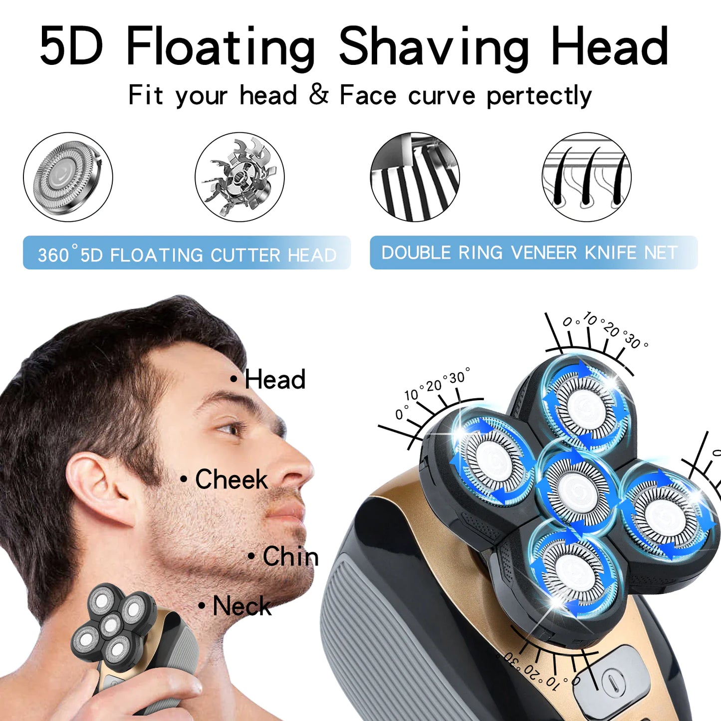 5-in-1 Rotary Electric Shaver 4D Rechargeable Bald Head Hair Beard Trimmer Razor