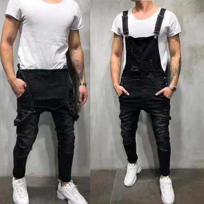 Ali Men's Jeans Men's Street Jeans One-Piece Suspenders Men's Jeans Ripped Baggy Wide-Leg Pants Four Seasons Casual Cargo Jeans New VAqueros