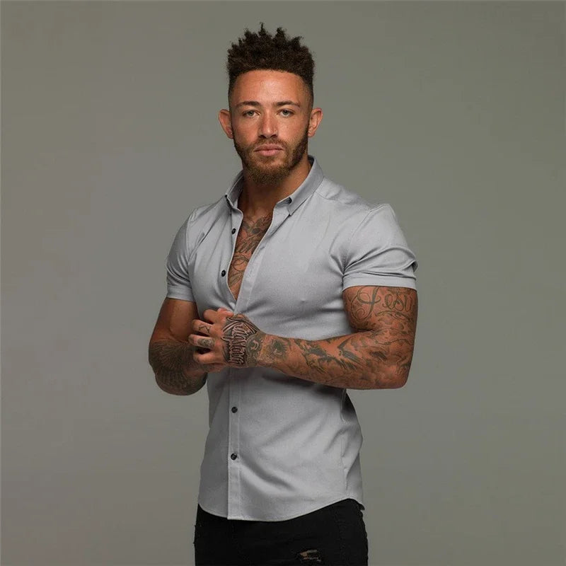 Ali Men's Fashion Dress Shirt Summer Classic Slim Fit Button Short Sleeve Shirts For Men Casual Business Male Hipster Social Shirt