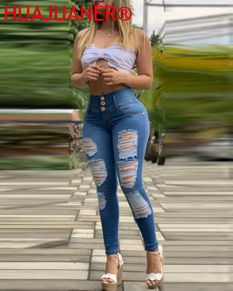 Ali Autumn Women High Waist Buttoned Ripped  Jeans 2023 Femme Plain Zipper Deco Cut Out Skinny Denim Pants Lady Sexy Trousers traf