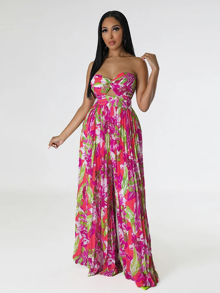 Ali Floral Printed Sleeveless Off Shoulder Jumpsuit Summer Backless Fashion Contrasting Colors Women's High Waisted Casual Leg Pants