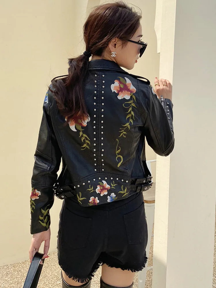 Ali SHENGPALAE PU Leather Embroidered Rivet Coat Moto & Biker Streetwear Zipper Overcoat Women's Jackets 2024 Spring Clothes FR250