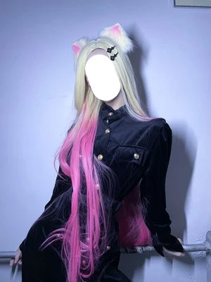 Ali Synthetic Hair LoL KDA Baddest Ahri Cosplay Wig 100cm Long Blonde Pink Wavy with Ear Hairpin Synthetic Hair Role Play Halloween Party + Wig Cap