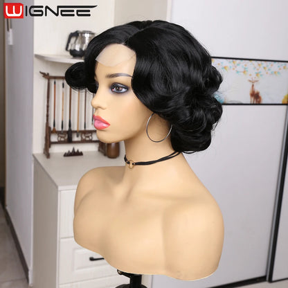 Ali Synthetic Hair WIGNEE Pixie Short Wigs Synthetic Hair Body Wave Wig Side Part Lace Wig Natural Hair Wigs For Women Black Wig Heat Resistant