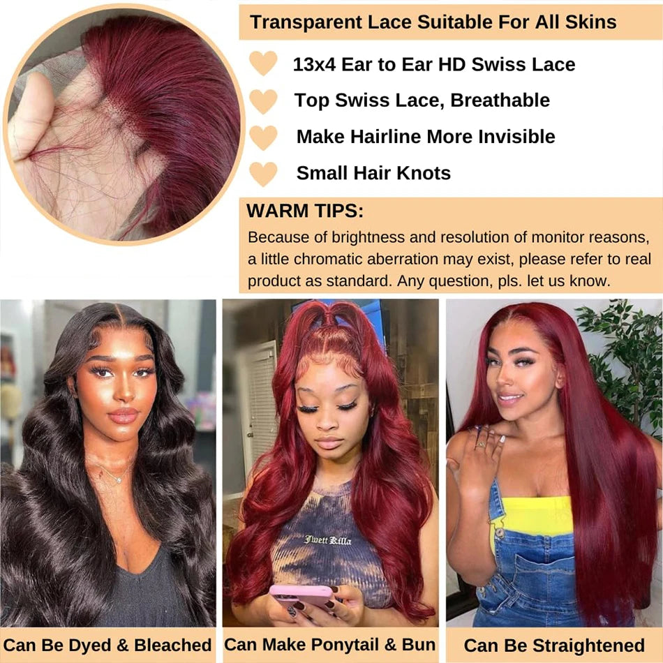 Ali 99j Burgundy Lace Front Human Hair Wig 13x4 Pre Plucked Transparent Lace Colored Body Wave 13x6 Hd Lace Frontal Wigs For Women