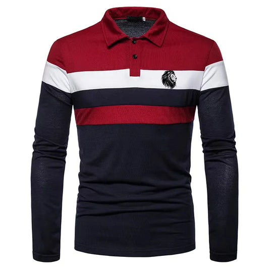 Ali Men's Casual Top Long Sleeved Polo Shirt Lion Print Fashionable Golf Outfit Three Color Patchwork Casual Men's Clothing