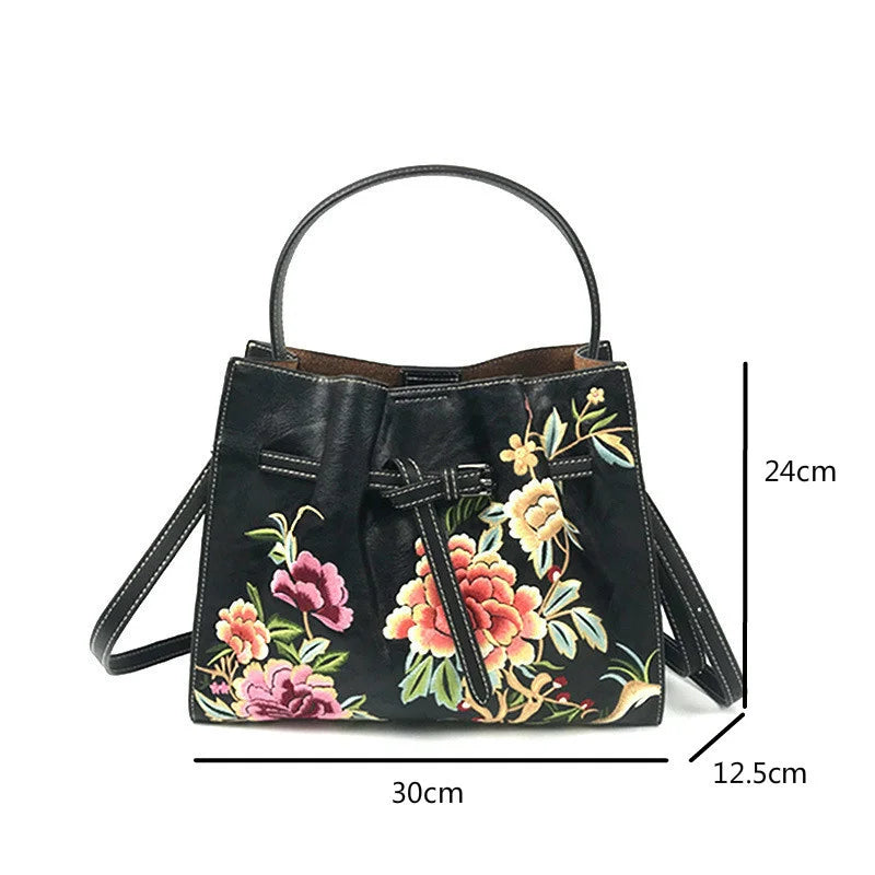 Ali MOTAORA New Vintage Big Capacity Shoulder Bag Women Chinese Style Embroidery Handbag Luxury Leather Bucket Crossbody Bags Ladies