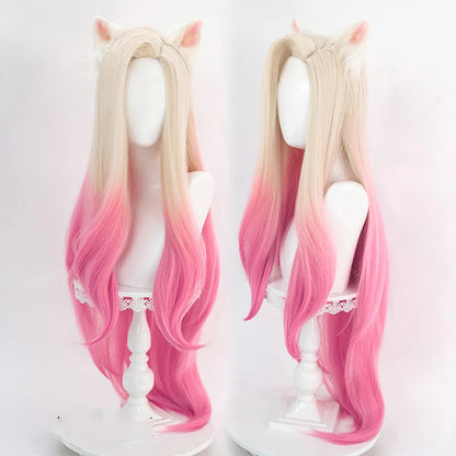 Ali Synthetic Hair LoL KDA Baddest Ahri Cosplay Wig 100cm Long Blonde Pink Wavy with Ear Hairpin Synthetic Hair Role Play Halloween Party + Wig Cap