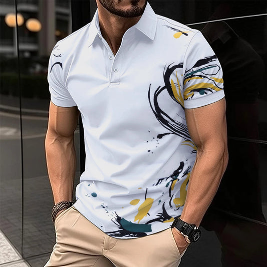Ali 2024 Summer Best-Selling Men's Polo Shirt Lapel Color Patchwork Men's Shirt Printed Striped Polo Shirt Beach Party Style
