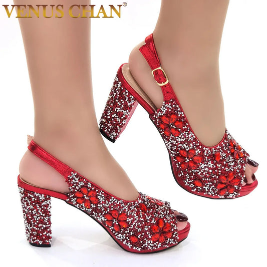 Ali Venus Chan African Fashion Wedding High Heel Sandals 2022 Italian Full Diamond Design Red Color Party Women Shoes