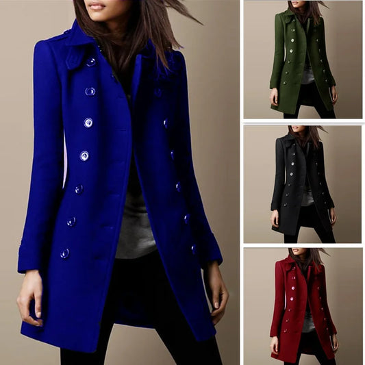 Ali Streetwear Women Jackets Double-breasted Ladies Loose Wool Overcoat Elegant Lapel Solid Pocketed Coats For Autumn Winter