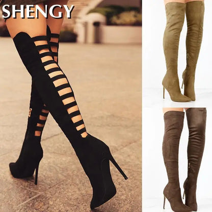 Ali Sexy Over The Knee Boots Ladies Heels Fashion Hollow Pointed Toe Thigh Boots Solid Color Female Pumps Shoes for Women Tall Boots