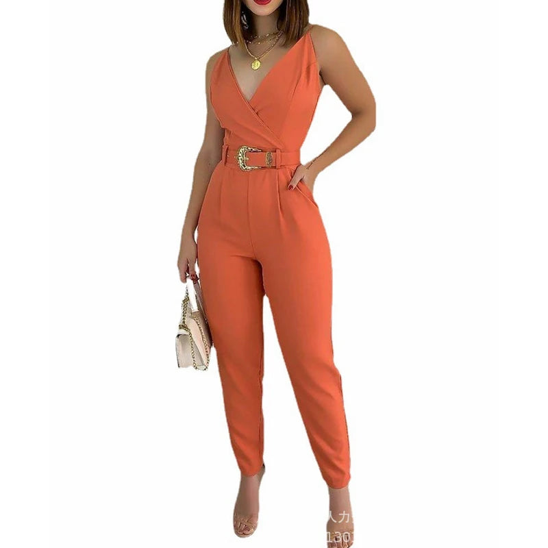 Ali Women's Jumpsuits Summer Fashion Solid Slim High Waist Pocket Jumpsuits Women Jumpsuits Women Sexy V-neck Spaghetti Strap Bandage Pencil Jumpsuits