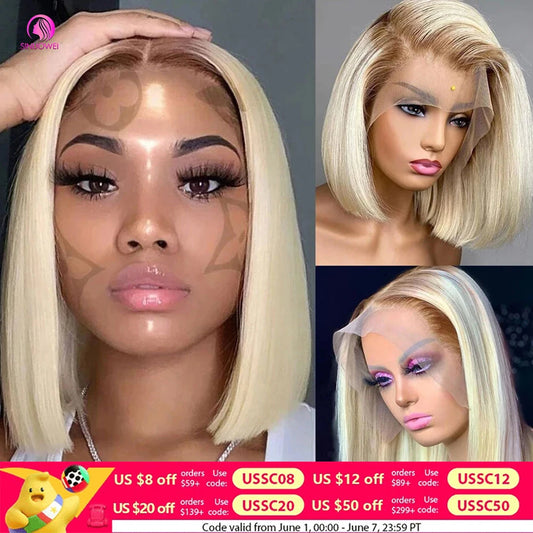 Ali 4/613 Blonde Short Bob Wig Transparent Lace Front Human Hair Wigs 13X4 Honey Blonde Dark Root Colored Short Bob Lace Frontal Wig