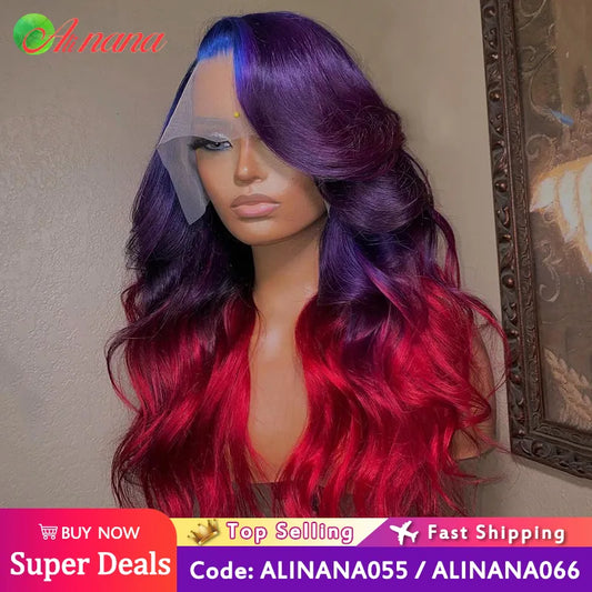 Ali Alinana Ombre Purple Red Colored Lace Frontal Wig Human Hair 13x4 Body Wave Transparent Lace Frontal Wig for Black Women 30 Inch